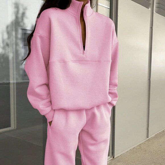 Pink Casual Women's Zipper Half Placket Drop Shoulder Sweatshirt And Jogger Pant - Picture 4 of 6